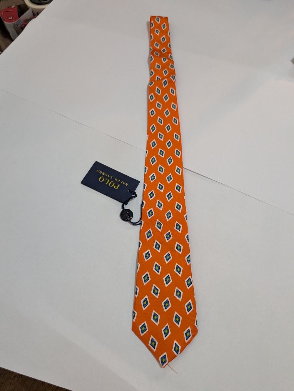 Polo Ralph Lauren Men's Orange Silk Tie Diamond Pattern Handmade in Italy